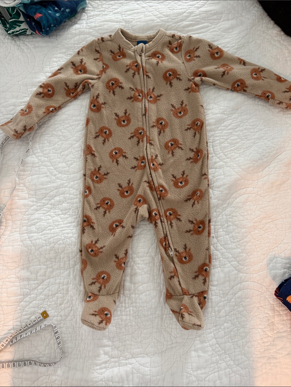 Old Navy Beige Footed Fleece Pajamas with Orange Reindeer Print